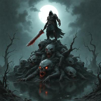 The primary subject of the image is a man standing on top of a pile of skulls. The setting is a dark, eerie environment, possibly a graveyard or a haunted house. The visual style is a digital art or illustration, with the man being depicted as a skeleton warrior. The colors and mood are predominantly dark and ominous, with the skulls and the man's outfit adding to the overall atmosphere of the scene.
